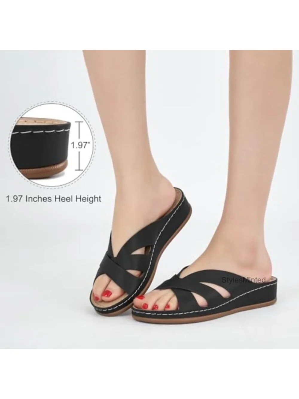 Women's Faux Leather Wedge Sandals with Memory Foam Insole, Slip-On Platform